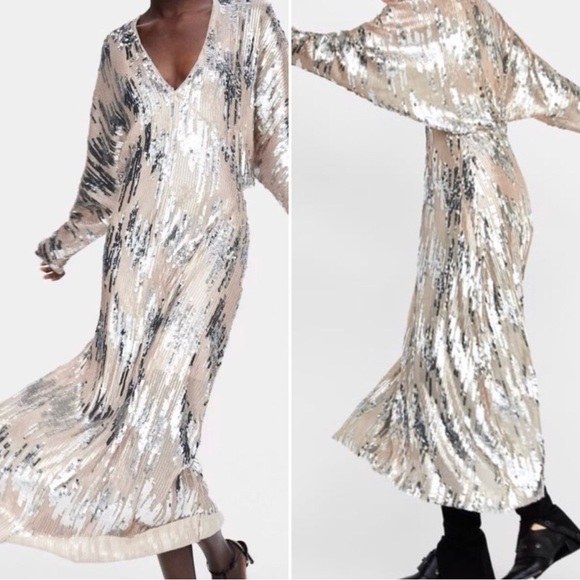 Zara Dresses & Skirts - Zara Silver Sequin Maxi Dress | Cream V-Neck Gown | Small, Like New